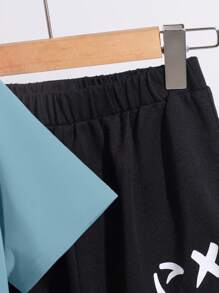 SHEIN Tween Boy Loose Knitted Pattern Style Backpack Round Neck Short Sleeve T-Shirt + Cuffed Long Pants 3-Piece Set - Blue - View 4