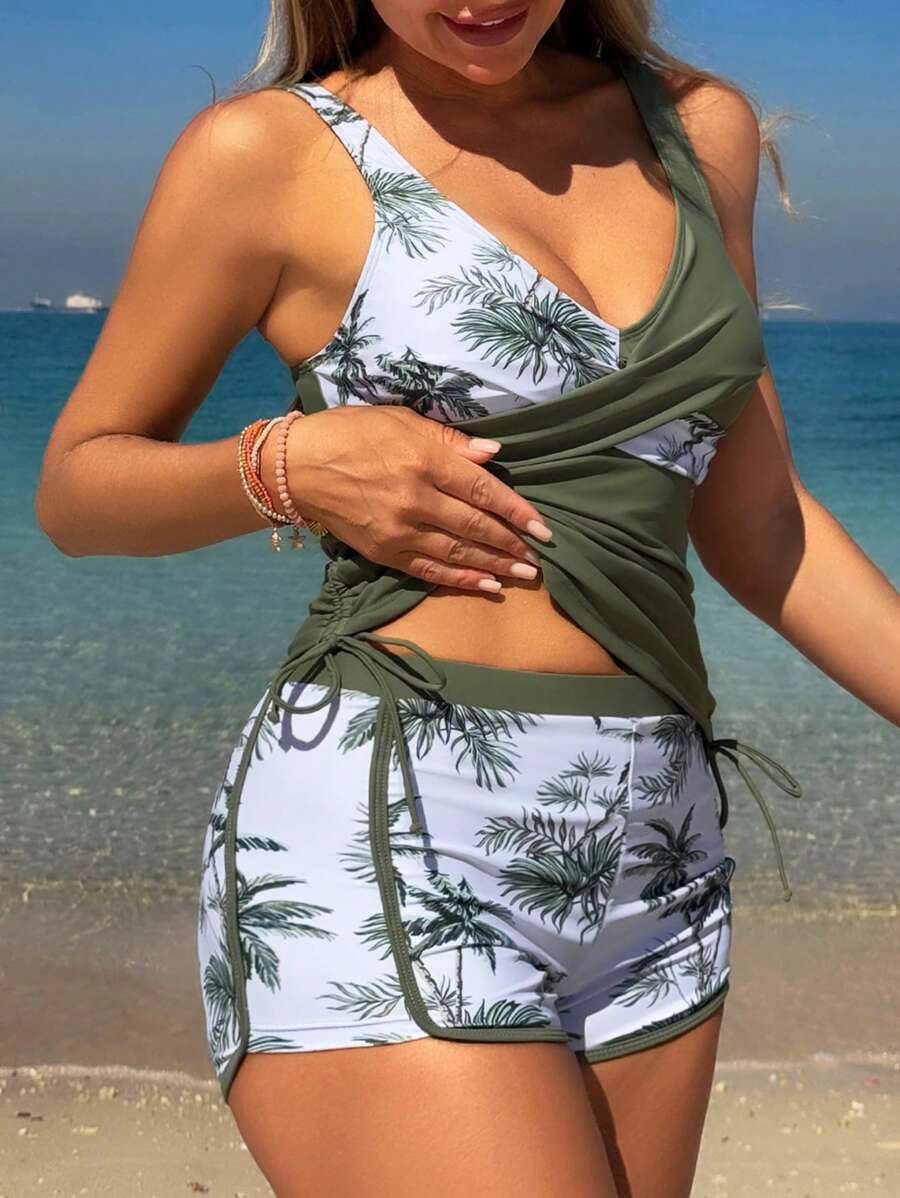 Swim Lushoire Springbreak 女士海滩度假热带植物印花休闲平角短裤包容吊带比基尼泳装 - 橄欖綠 - 查看 1