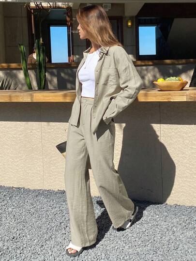 DAZY 2pcs/Set Women Solid Color Loose Shirt And Wide Leg Pants Set,Fall Women Clothes
