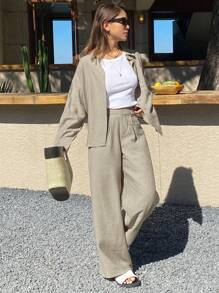 Livesso Set de 2 piezas con camisa suelta de unicolor y pantalones de pierna ancha para mujer