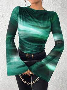 Chiquease Women's Autumn/Winter American Vintage Tie-Dye Mesh Printed Form-Fitting Pleated Decor Long Sleeve Base Shirt T-Shirt For Spring - Green - View 6