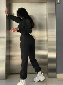 BamGleam "Balance" English Digital Print Comfy Casual Matching Set, Thermal Lined, Fashionable For Home Or Outdoor Wear Fall Cloth For Women - Black - View 2