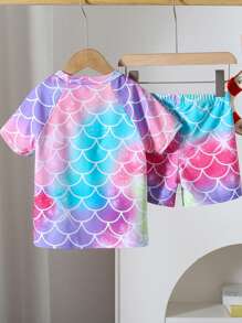 Bộ đồ bơi thể thao cho bé gái, phong cách tối giản Châu Âu & Mỹ, họa tiết vảy cá lấp lánh cầu vồng. Dễ dàng mặc vào và cởi ra. Thích hợp để bơi lội, đi biển, chơi dưới nước và các dịp khác, Bộ sưu tập đồ bơi mới Xuân/Hè 2025 - Nhiều màu - Xem 2