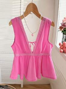 INAWLY Summer New Arrival Sweet & Slim Ruffle Patchwork Deep V Neck Camisole - Pink - View 4