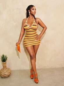 BamGleam Women's Vacation Colorful Striped Crochet Sexy Fitted Halter Backless Mini Dress,Summer Outfits For Women,Vacation Outfits Woman,Beach Outfits,Brunch Outfits For Women,Rave Outfits Festival,Gyaru,Western Wear Women - Multicolor - View 6