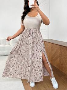 SHEIN Frenchy Plus Size Women's Ditsy Floral Square Neck Short Sleeve Casual Split Hem Dress,Beach Dress Sundress,Holiday Outfits Boho