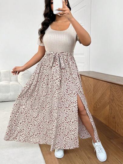 SHEIN Frenchy 大码女式碎花方领短袖休闲开衩下摆连衣裙