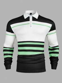 Manfinity Homme Camisa tipo polo de manga larga con estampado de color contrastante para hombre, de estilo casual