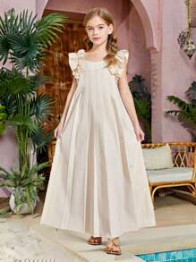 SHEIN Leap Crew Tween Girls Ruched Ruffle Hem Solid Dress, Fashionable French Elegant Dress, Suitable For Back To School, Spring Outing, Vacation, Casual Outings, Minimalist Vacation Style - Beige - View 7