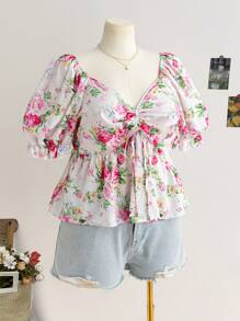 SHEIN WYWH Plus Size Romantic Holiday Short Sleeve Shirt Blouse