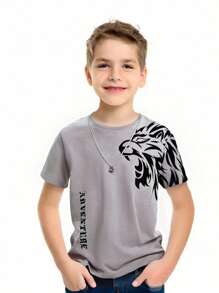 SHEIN Tween Boy Graphic Crew Neck Short Sleeve Knit T-Shirt - Grey - View 5