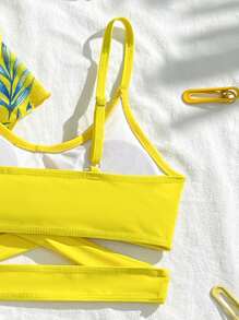 Tween Girls Cross Bikini Set With Tropical Botanical Print Kimon - Multicolor - View 4