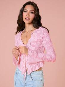 Enchnt Women Elegant Solid Color Cut-Out Ruffle Hem Tie Front T-Shirt - Baby Pink - View 5