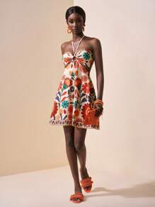 Slaydiva New Spring And Summer Casual Vacation Halterneck Straps, Front Center Ring, Hollow Backless A-Swing Umbrella Skirt, Apricot Bottom, Orange Flower All-Over Print Women's Mini Dress - Multicolor - View 5