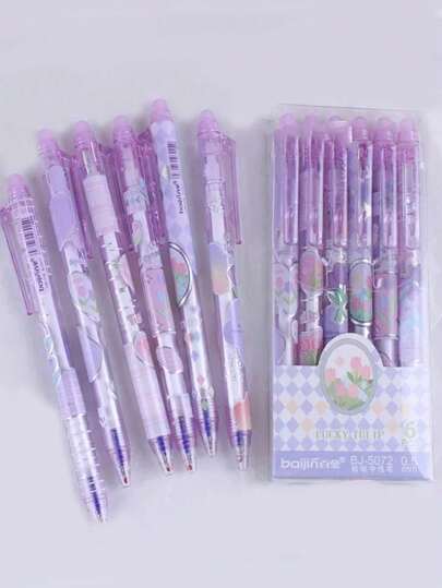 6pcs/Set Purple Tulip Erasable Neutral Pen With Cute Eraser, Stationery For Students Girls, Offices And Schools Back To School