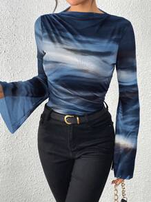 Chiquease Camiseta básica de manga larga con decoración plisada, estampado de teñido anudado y malla, estilo vintage americano para mujer en otoño/invierno y primavera