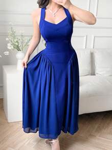 Feyla Vestido de tubo de unicolor con cuello halter hasta la pantorrilla, minimalista y de moda, adecuado para el verano, para mujeres