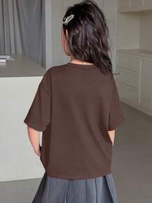 Dazy Kids 青少年女孩圆领针织短袖蝴蝶印花 T 恤，春夏季，返校服装 - 咖啡棕 - 查看 5