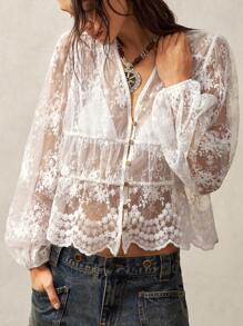 Bohemela 女士蕾丝边 V 领灯笼袖雪纺衬衫，适合夏季海滩度假