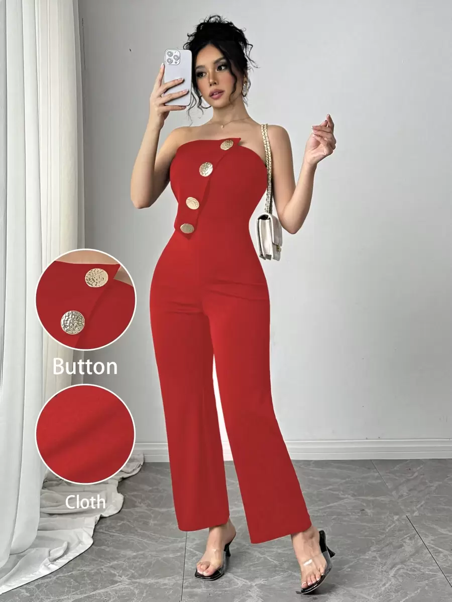 SHEIN Privé 女士优雅金色纽扣装饰拉链后背修身连身裤 - 紅色 - 查看 1