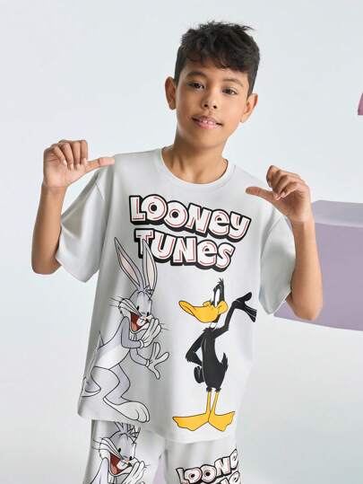LOONEY TUNES X SHEIN T-shirt à manches courtes gris clair polyvalent pour garçon préadolescent, avec imprimé de Donld Duck, pour l'été