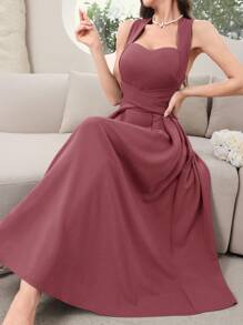 Modelyn Women's Solid Backless Purple Dress, Elegant Sleeveless Long Evening Dresses
