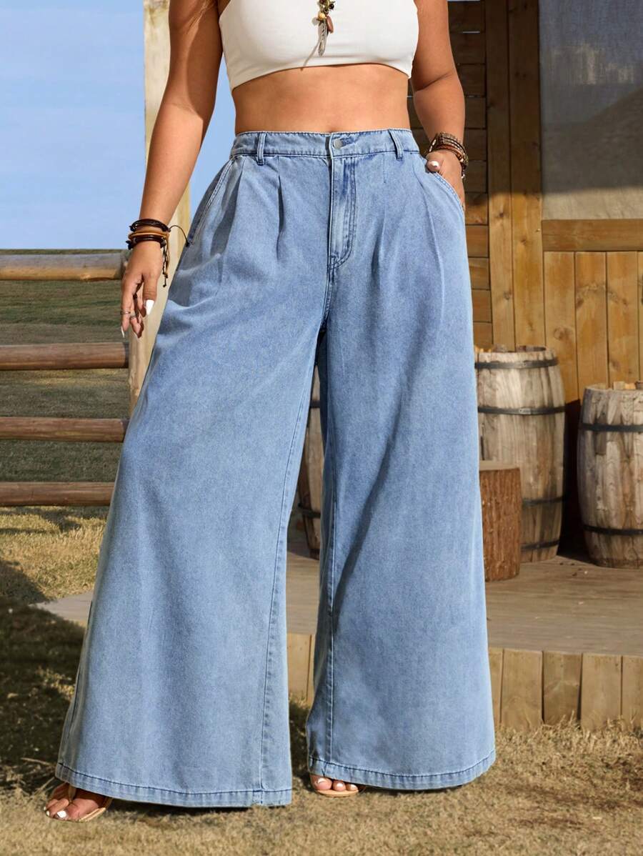 EMERY ROSE Plus Size Loose Fit Simple Fashionable Denim Jeans, Suitable For Summer - Blue - View 1