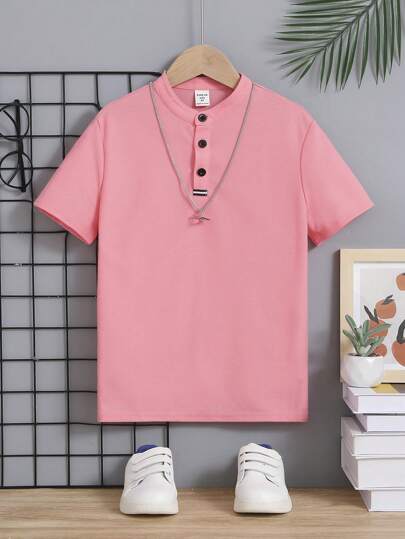 SHEIN Tween Boy Collared Solid Color Knitted Short Sleeve Polo Shirt