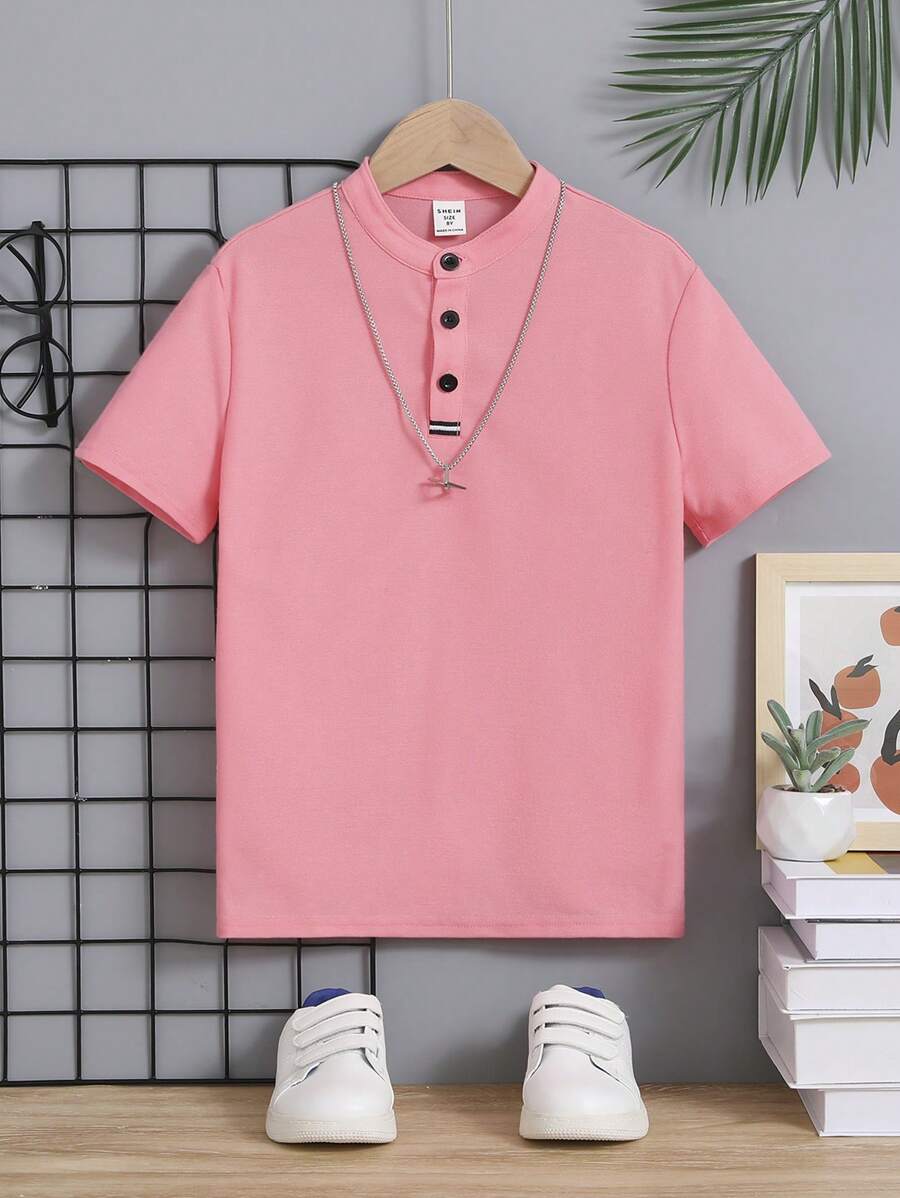 SHEIN Tween Boy Collared Solid Color Knitted Short Sleeve Polo Shirt