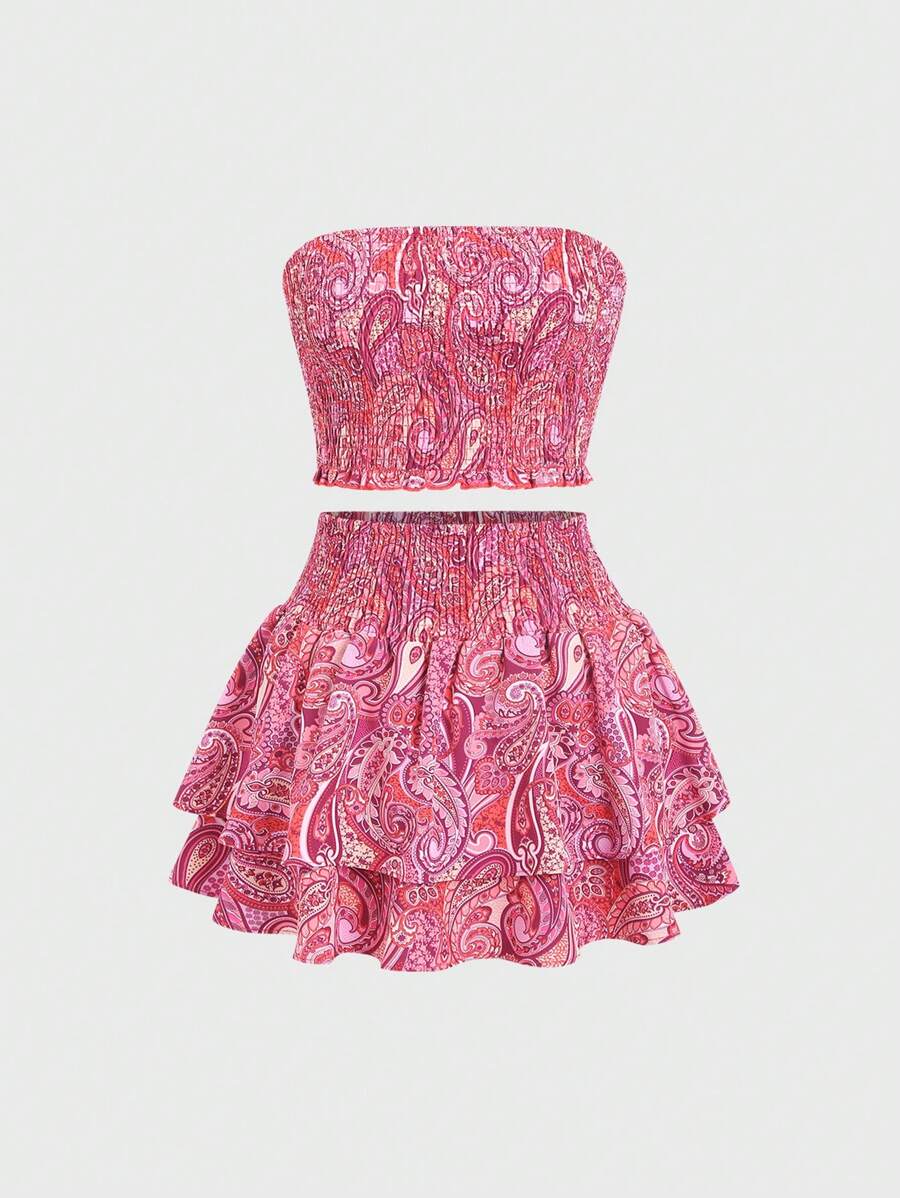 Sweetra Leopard Print Embroidered Tube Top And Layered Skirt Woven Two Pieces Set Y2K Outfit - Red - View 1