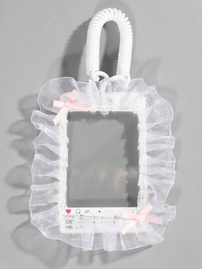 Kawaii 1pc Cute White Frill Bow Card Holder & Lanyard Set, Suitable As Student Back To School Gift And For Dorm Use