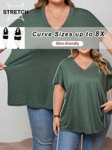 SHEIN CURVE+ Plus Size Women's Deep Green V-Neck Batwing Sleeve Loose Casual T-Shirt, Basic Tee For Outdoors, Spring/Summer - Green - View 1