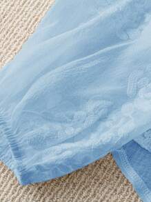 SHEIN Solid Color Floral Embroidery V-Neck Lantern Sleeve Single-Breasted Casual Shirt Fall Cloth For Women - Blue - View 3