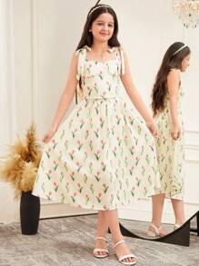 SHEIN Leap Crew Tween Girl Elegant Bowknot Decor Camisole & Skirt 2pcs Set - Apricot - View 4