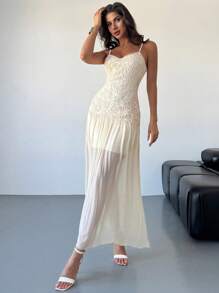 SHEIN Privé New Elegant Romantic Date Apricot Mesh Embroidered Contrast Mesh Slip Dress, Tight-Fitting Slimming Tall-Enhancing, Suitable For Spring/Summer, Valentine's Day Concert Rave Outfit Women,Graduation,Teacher Outfits For Women,Teacher Dress - Apricot - View 6