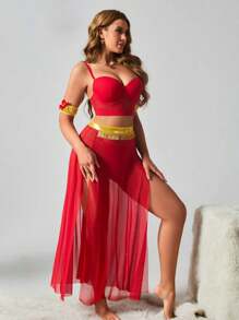 SHEIN Conjunto de 5 piezas de ropa interior sexy para mujer (incluye sujetador con aros, tanga, minifalda, 2 piezas de anillos para la muñeca), atuendo para festivales de música