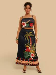 Travachic Tropical Plus Size Casual Summer Vacation Beach 2 Pieces Set: Black Parrot & Coconut Tree Print Cami Tank Top & Elastic Knit Skirt - Multicolor - View 3