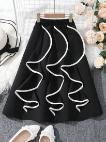 Tween Girls' Street Style Ruffled Hem Mixed Panel Skirt, Spring/Summer - Black - View 1