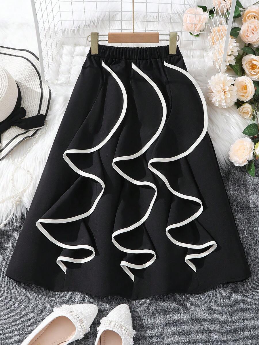 Tween Girls' Street Style Ruffled Hem Mixed Panel Skirt, Spring/Summer - Black - View 1