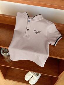 1pc Young Boys Casual Fitted Graphic Knit Short Sleeve Polo Shirt, Suitable For Daily Wear, School, Travel, Sports, Spring/Summer - Khaki - View 3