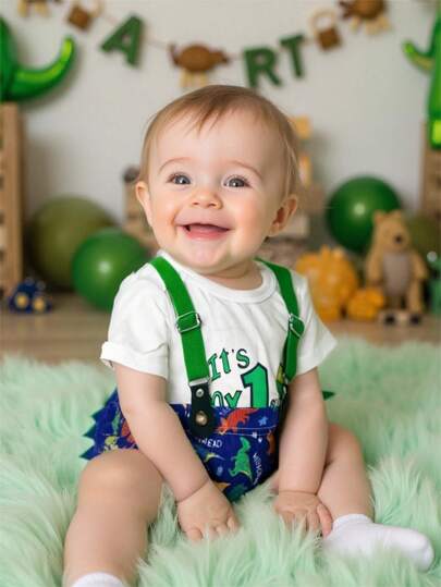 SHEIN Newborn Cute Colorful Dinosaur Print & "My First Birthday" English Slogan Bodysuit Shorts Set, Spring/Summer, Suitable For Newborn's Birthday Photo Shoot, Birthday Party