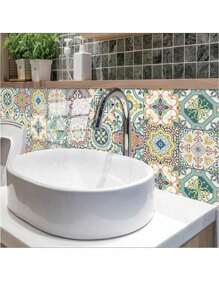 10 件复古花卉图案瓷砖贴纸，自粘 PVC 墙纸适用于厨房、客厅、浴室、卧室、墙壁、地板、家具 DIY 装饰、贴纸、墙贴花、乙烯基贴花用于家居装饰、春季装饰品刷新您的家、拉玛装饰贴纸地砖地板地砖自粘地砖剥离粘贴客厅装饰房间装饰 - 彩色 - 查看 5