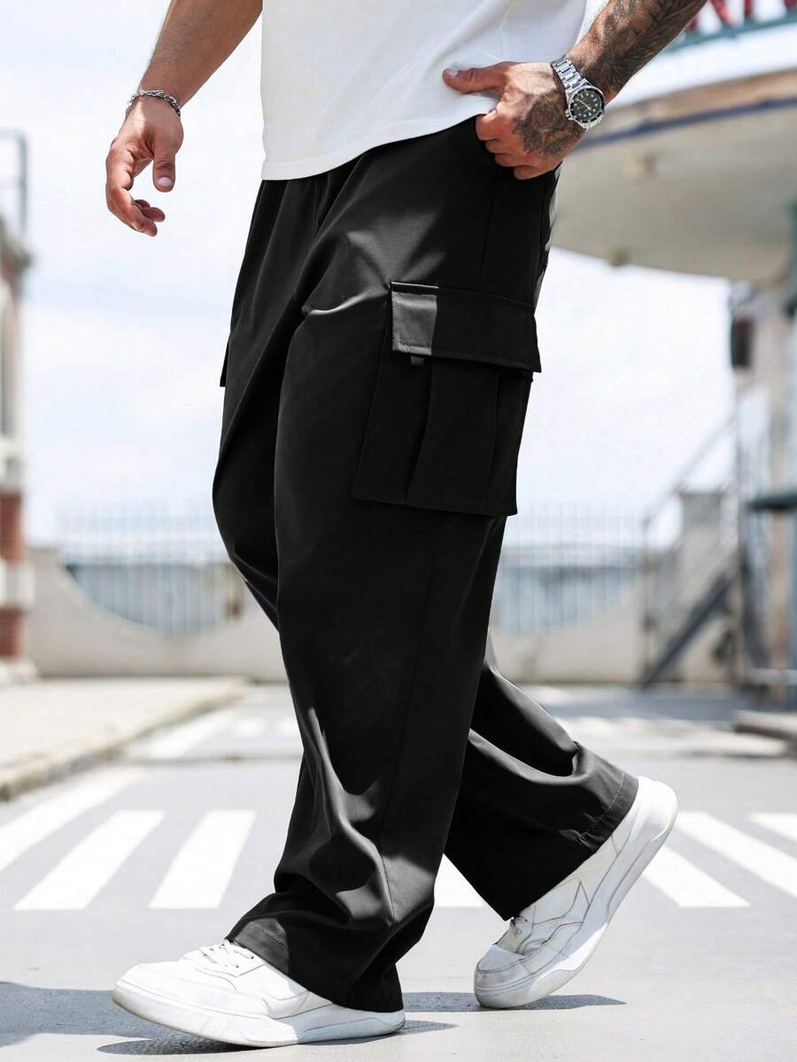 Manfinity CasualCool Plus Size Men Casual Solid Color Drawstring Waist Cargo Pants, Fall - Black - View 1