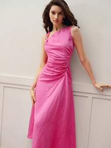 MOTF PREMIUM RUCHED ASYMMETRICAL NECK MIDI DRESS - Hot Pink - View 8