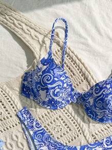 Bonvoyette 2 chiếc đồ bơi bikini in màu xanh nâng ngực, dây đeo có thể điều chỉnh, đồ bơi đi biển cho nữ - Xanh và trắng - Xem 5