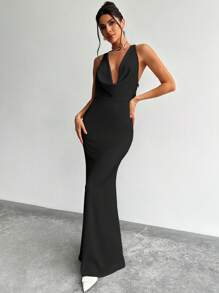 Firerie Nowość na Walentynki Prosta Elegancka Romantyczna Randka Impreza Seksowna Głęboki Dekolt w Serek Odkryte Plecy Ściągana Talia Biała Sukienka Maxi - Czarne - Zobacz 7