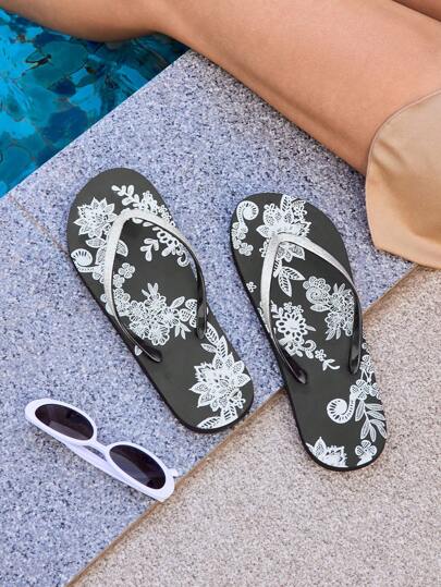 Grefit Women's Fashion Black Flat Glittery Lace Floral Print Comfortable Thong Sandals, Suitable For Vacation And Home Wear