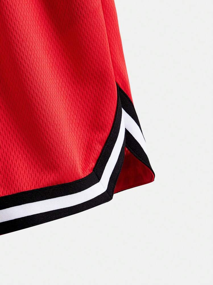 SHEIN Pantalones cortos deportivos para niño preadolescente con cordón en la cintura y ribete a rayas - Rojo - Añade 3