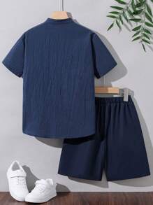 SHEIN 2pcs/Set Loose Fit Colorblock Stand Collared Short Sleeve Shirt And Shorts With Cute Patchwork Design For Tween Boys - Multicolor - View 2