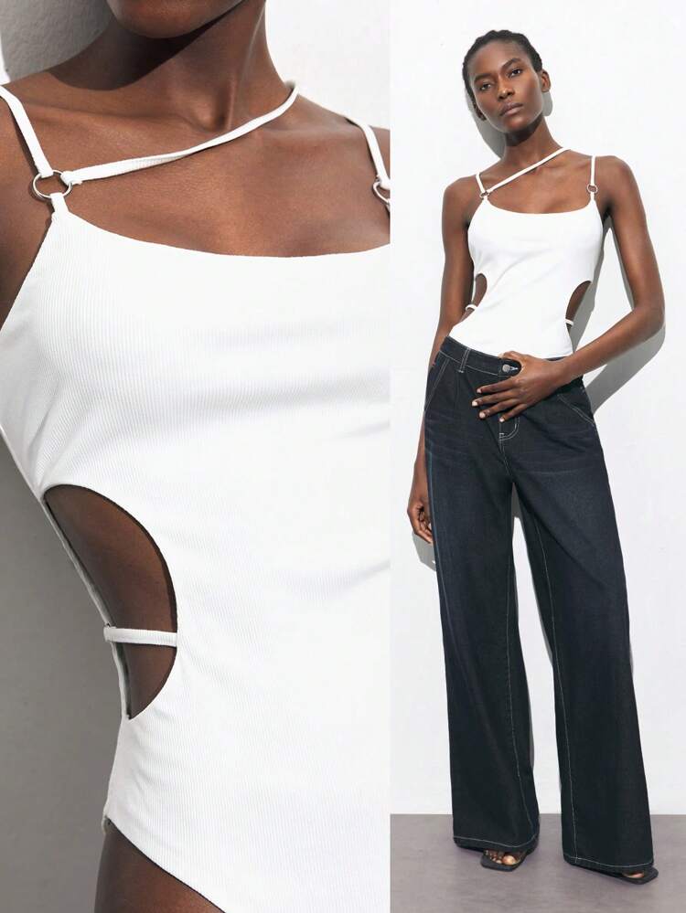 SHEIN Maija Nowa Wiosna i Lato Biały Metalowy Klamra Krzyż Ozdoba Talia Seksowny Miejski Wakacje Nowoczesny Elegancki Romantyczny Damskie Body Nadaje Się Na Wyjście Impreza Muzyczna Festiwal Starych Pieniędzy Styl